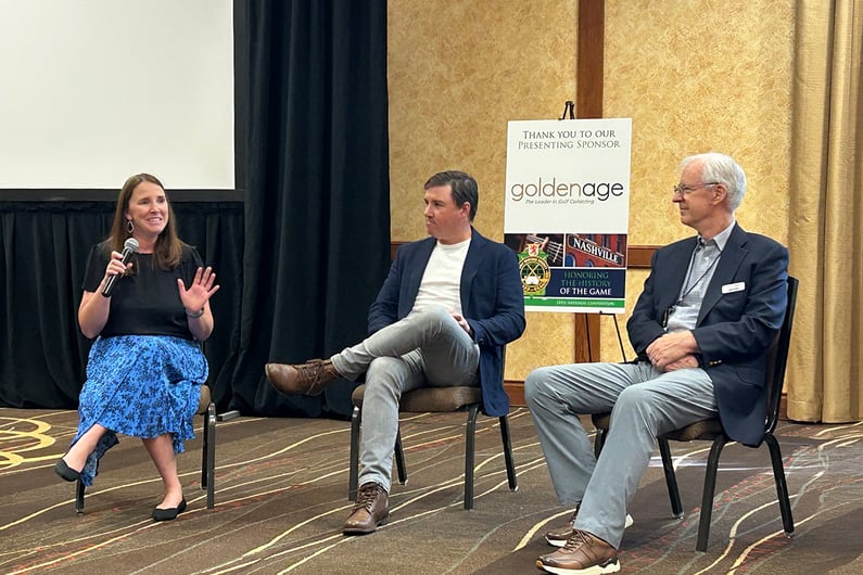 Panel discussion at a Golf Heritage Society event sponsored by Golden Age Golf Collectibles, featuring three speakers sharing insights on the history and culture of golf.