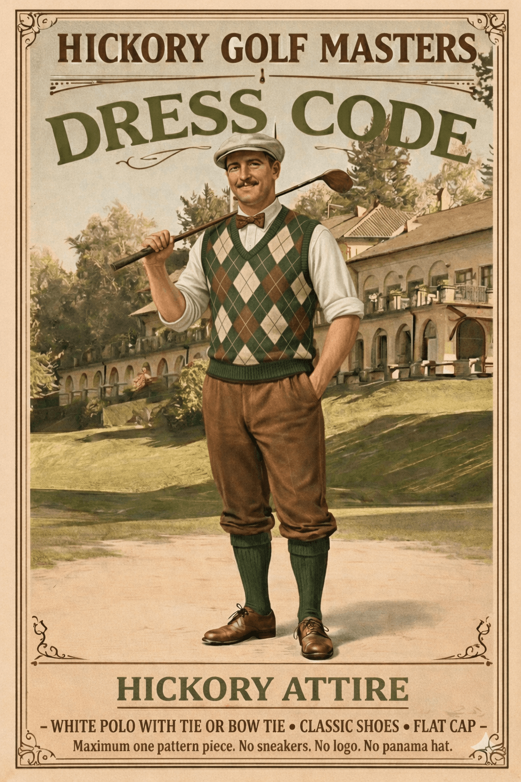 Vintage-style illustration of a golfer wearing traditional Hickory attire: white shirt with tie, green knitted waistcoat, patterned knickerbocker trousers, green knee-high socks, classic leather shoes and flat cap, holding a hickory golf club on a historic golf course.