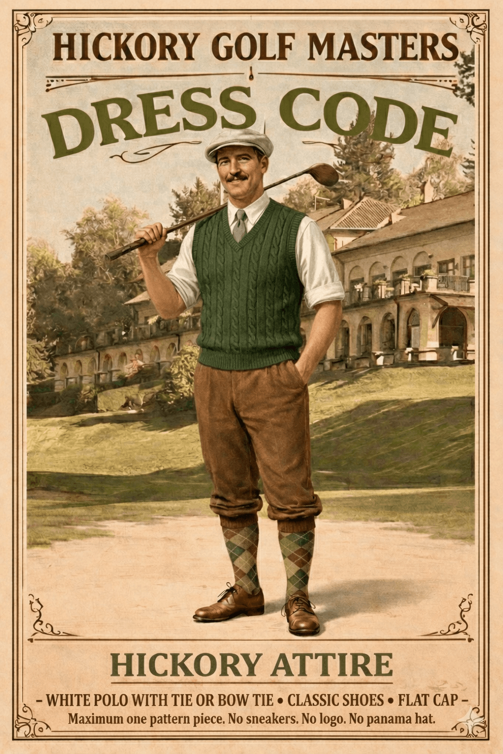 Vintage-style illustration of a golfer wearing traditional Hickory attire: white shirt with tie, green knitted waistcoat, patterned knickerbocker trousers, green knee-high socks, classic leather shoes and flat cap, holding a hickory golf club on a historic golf course.