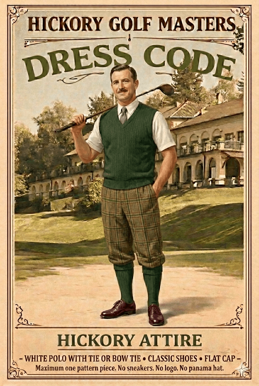 Vintage-style illustration of a golfer wearing traditional Hickory attire: white shirt with tie, green knitted waistcoat, patterned knickerbocker trousers, green knee-high socks, classic leather shoes and flat cap, holding a hickory golf club on a historic golf course.